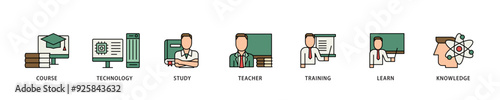 Online education icon infographic illustration concept with icon of course, technology, study, teacher, training, learn and knowledge icon live stroke and easy to edit 
