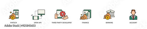 Open banking icon infographic illustration concept with icon of the fintech, coding, open API, finance, banking, third party developer, and account icon live stroke and easy to edit 