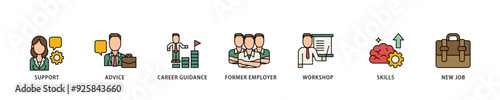 Outplacement icon infographic illustration concept with icon of mer employer, workshop, skills, new job, training, and presentation icon live stroke and easy to edit 