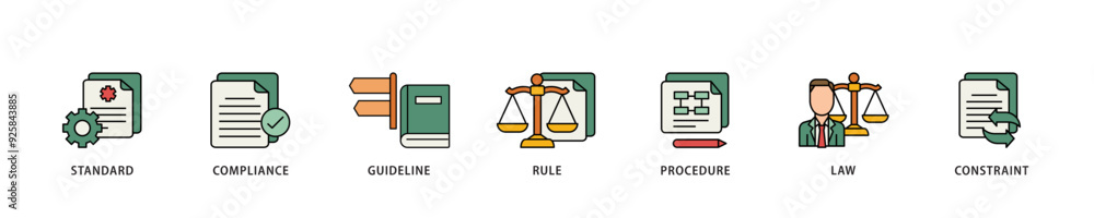 Regulation icon infographic illustration concept with icon of standard, compliance, guideline, rule, procedure, law and constraint icon live stroke and easy to edit Regulation icon infographic illustration concept with icon of standard, compliance, guideline, rule, procedure, law and constraint icon live stroke and easy to edit