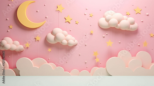 3D cartoon pastel pink background with a moon, clouds, and stars, simple shapes, children's room decor, kids photography backdrop, pastels. background, backdrop.