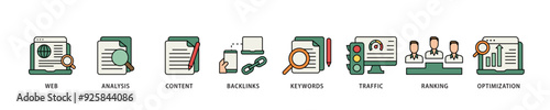 SEO icon infographic illustration concept with icon of website, analysis, content, backlinks, keywords, traffic, ranking, and optimization icon live stroke and easy to edit 
