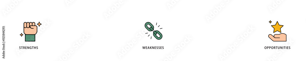SWOT icon infographic illustration concept with icon of value, goal, break chain, low battery, growth, check, minus, and crisis icon live stroke and easy to edit SWOT icon infographic illustration concept with icon of value, goal, break chain, low battery, growth, check, minus, and crisis icon live stroke and easy to edit