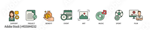 Sponsor icon infographic illustration concept with icon of film, sport, event, music, art, benefit, project, support icon live stroke and easy to edit 