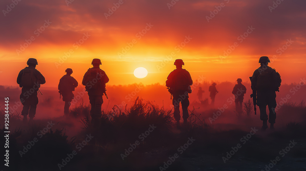 group of soldiers walking towardssunset, evokingsense of camaraderie and determination.warm colors ofsky createdramatic backdrop. group of soldiers walking towardssunset, evokingsense of camaraderie and determination.warm colors ofsky createdramatic backdrop.