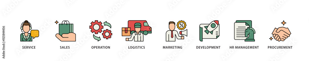 Value chain icon infographic illustration concept with icon of service, sales, operation, logistics, marketing, development, hr management, procurement icon live stroke and easy to edit Value chain icon infographic illustration concept with icon of service, sales, operation, logistics, marketing, development, hr management, procurement icon live stroke and easy to edit