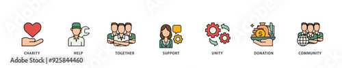 Volunteering icon infographic illustration concept with icon of charity, help, together, support, unity, donation, and community icon live stroke and easy to edit 