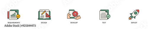 Waterfall icon infographic illustration concept with icon of requirements, design, develop, test and deploy icon live stroke and easy to edit 