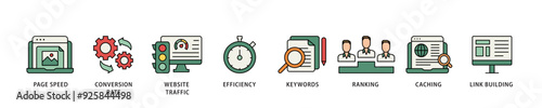 Website optimization icon infographic illustration concept with icon of page speed, conversion rate, website traffic, efficiency, keywords, ranking, caching  icon live stroke and easy to edit 