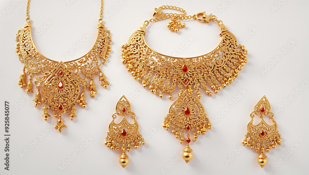 This is a gold-colored jewelry set with a necklace, bracelet, earrings, and a matching choker. It has a floral design and pearls. This is a gold-colored jewelry set with a necklace, bracelet, earrings, and a matching choker. It has a floral design and pearls.