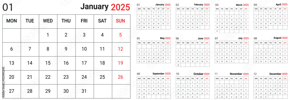 Calendar 2025 white background vector illustration Calendar 2025 white background vector illustration