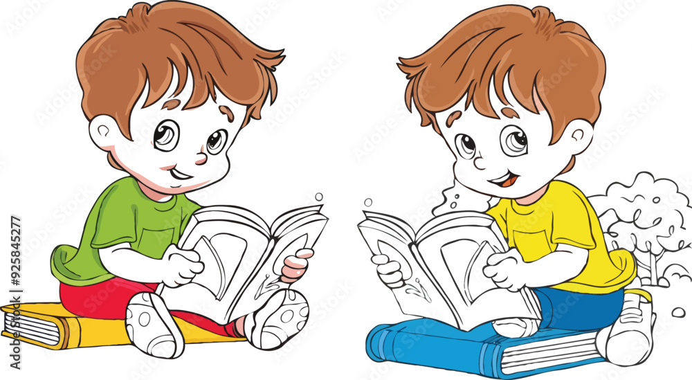 coloring page simple drawing of cartoon character reading a book in library , coloring book coloring page simple drawing of cartoon character reading a book in library , coloring book