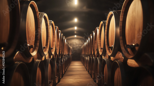 Rows of wooden barrels in a traditional wine cellar with arched brick walls.