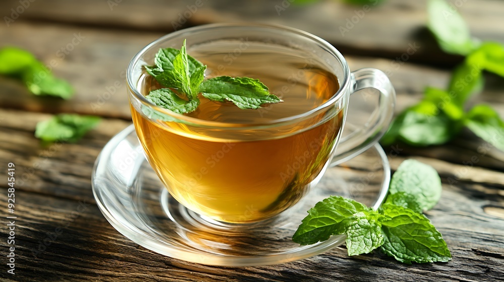 A close up of a glass cup of tea with fresh mint leaves on a wooden table. A close up of a glass cup of tea with fresh mint leaves on a wooden table.