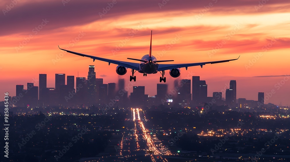 a commercial airplane soaring over a bustling city skyline at sunset, with the sky painted in shades of orange and pink. The city lights begin to twinkle as day turns to night a commercial airplane soaring over a bustling city skyline at sunset, with the sky painted in shades of orange and pink. The city lights begin to twinkle as day turns to night