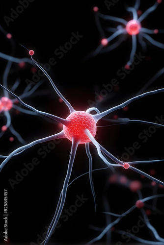 Firing Neurons 3d rendered image of Neuron cell network on black background. Conceptual medical illustration photo