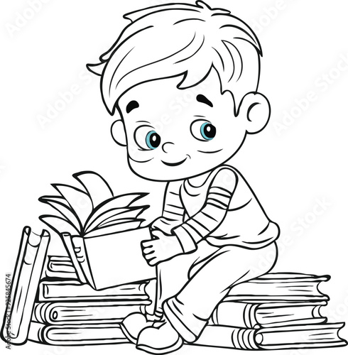 coloring page simple drawing of cartoon character reading a book in library , coloring book