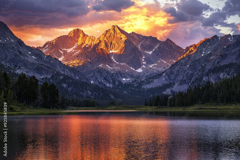Panoramic view of a mountain landscape at sunset during golden hour, with the setting sun casting long shadows across the peaks, the sky ablaze with rich hues of orange, red, and purple, and a river Panoramic view of a mountain landscape at sunset during golden hour, with the setting sun casting long shadows across the peaks, the sky ablaze with rich hues of orange, red, and purple, and a river