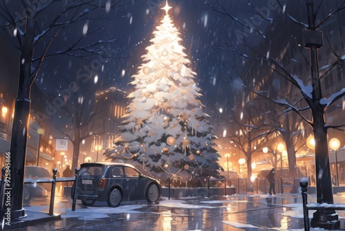 Christmas Enchantment: A Snowy City Night with Snowflakes Animating Around a Festive Tree, an Abstract Anime-Style Holiday Vision, storybook illustrations, comic strips, book illustrations and picture photo