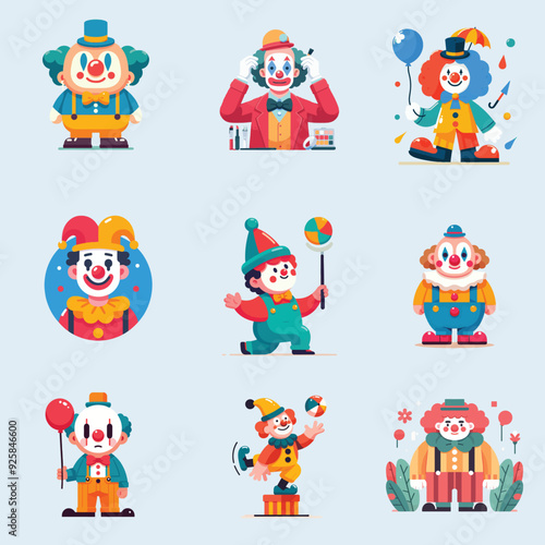 set collection cute joker clown circus flat design vector