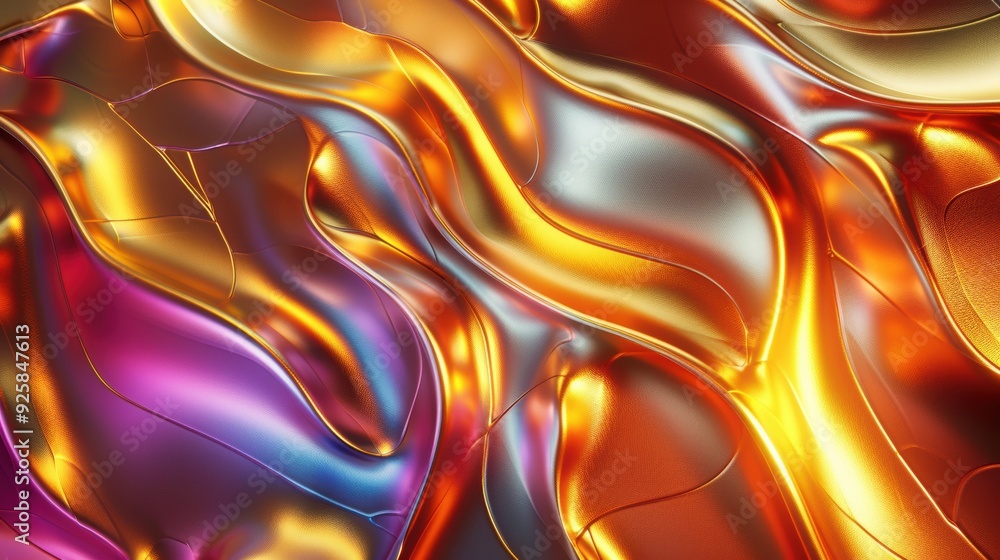 Naklejka premium A vibrant abstract background featuring flowing waves of orange, gold, and purple hues, ideal for creative projects and designs.