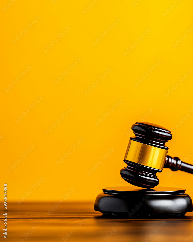 Close-up of a gavel on a wooden surface with a vibrant yellow background, symbolizing justice and legal proceedings. Close-up of a gavel on a wooden surface with a vibrant yellow background, symbolizing justice and legal proceedings.
