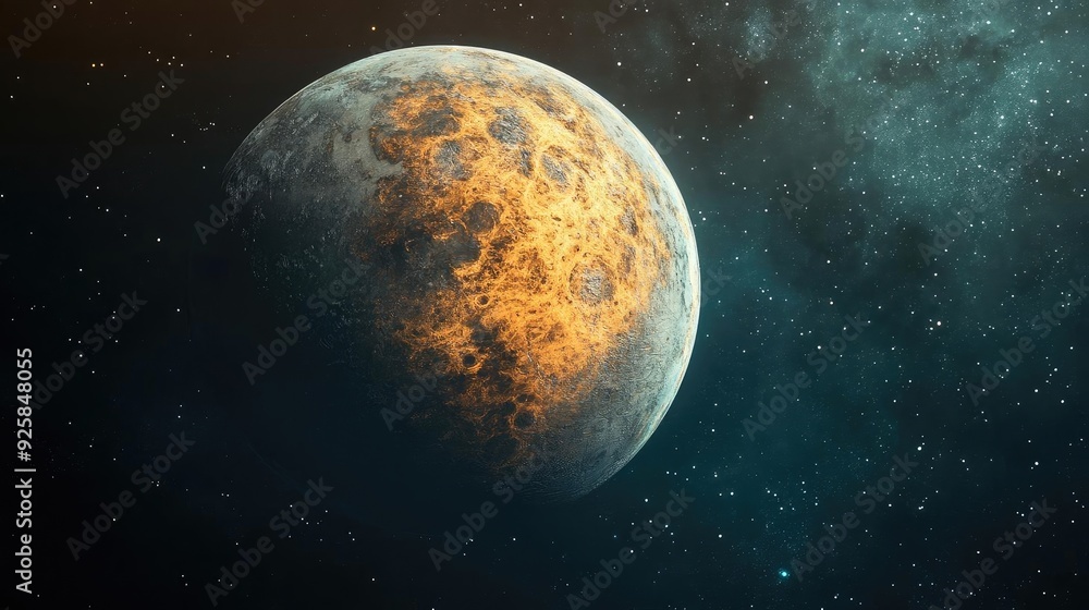 Fototapeta premium A captivating view of a distant planet highlighting its rugged surface and celestial surroundings in deep space.