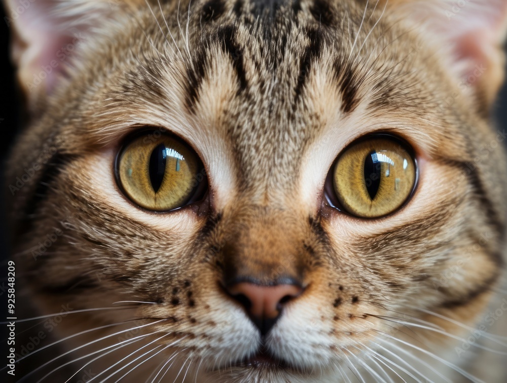 Close-up of a tabby cat's face with prominent yellow eyes Close-up of a tabby cat's face with prominent yellow eyes