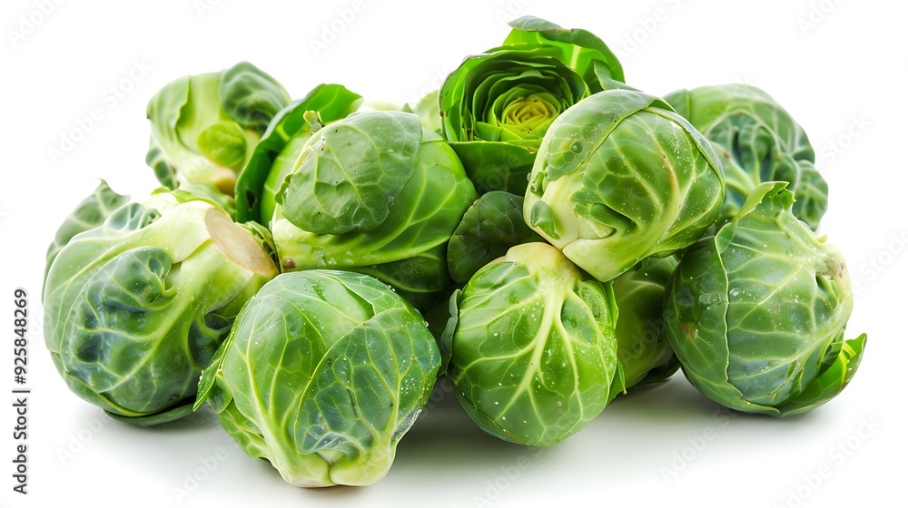 Fototapeta premium Autumn Brussels sprouts, fresh and green, isolated on white.