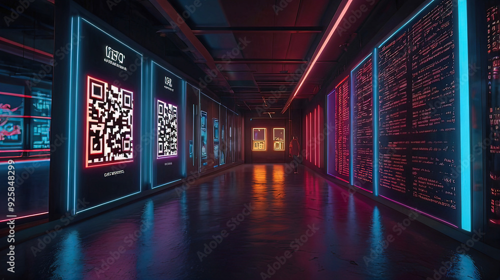 long corridor with QR codes that people can scan, 8k, long corridor with QR codes that people can scan, 8k,