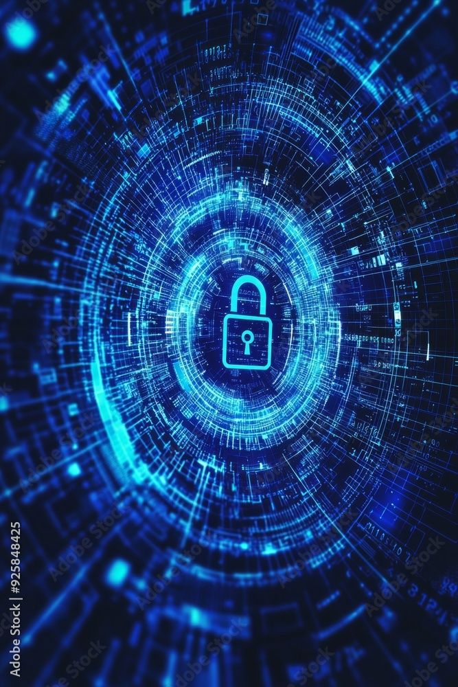 A padlock icon surrounded by circular frame on a blue digital background , concept of cyber security A padlock icon surrounded by circular frame on a blue digital background , concept of cyber security