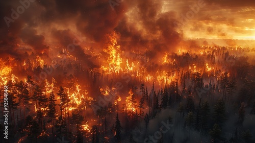 A strong fire destroyed a large forest area. Ecological catastrophe.