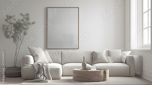 Light minimalistic living room interior with blank picture frame mockup on the wall and sofa in the center. AI generative.	