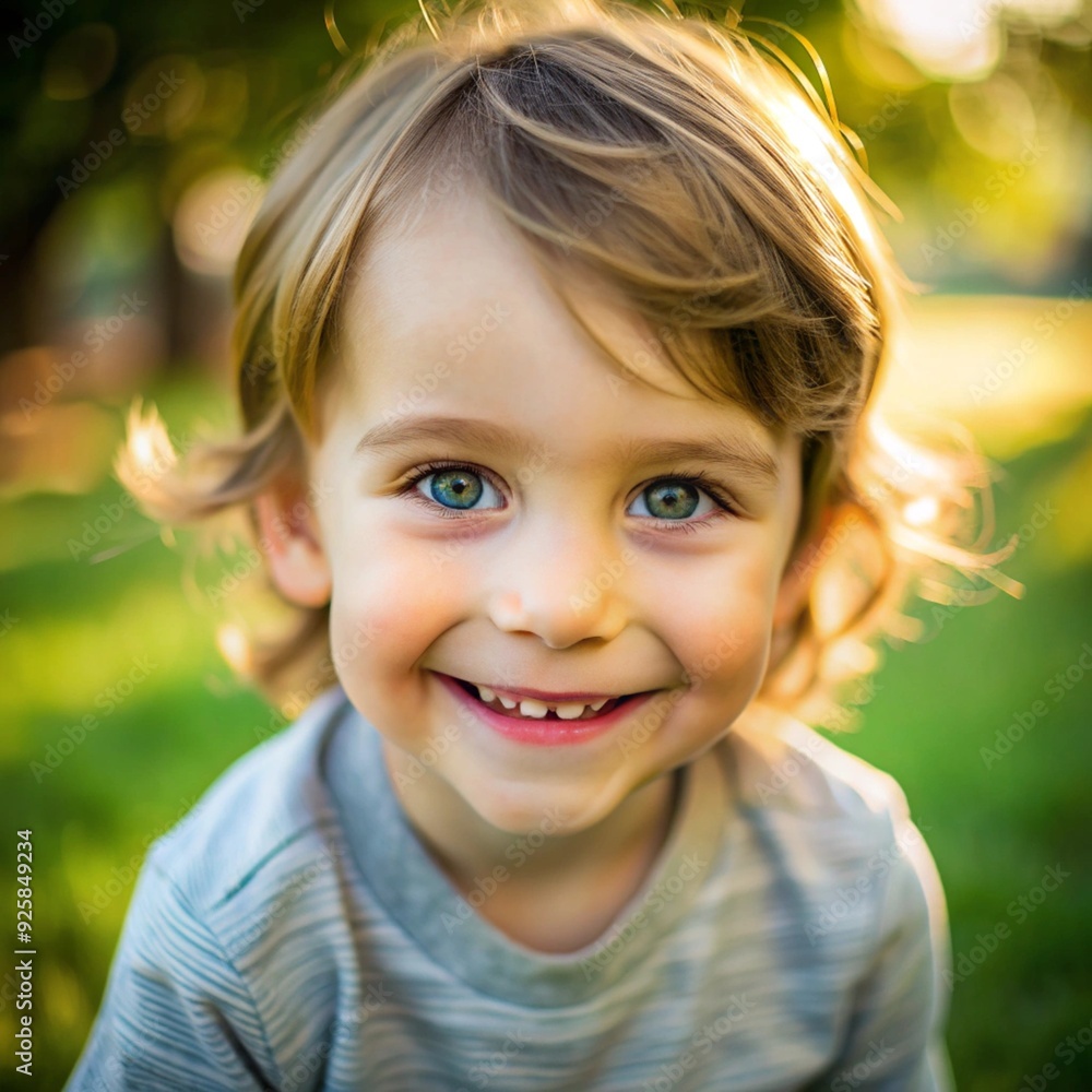 Close-up Portrait of a Smiling Young Boy with Green Eyes in Sunlit Outdoor Setting - Happy Childhood Moments Close-up Portrait of a Smiling Young Boy with Green Eyes in Sunlit Outdoor Setting - Happy Childhood Moments