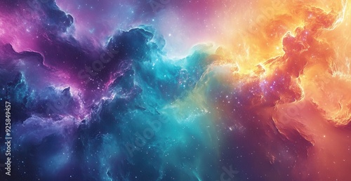Fototapeta Naklejka Na Ścianę i Meble -  A vibrant dynamic space scene with swirling colorful clouds and stars alongside different particles resembling a nebula with glowing scenic colors, illustration 