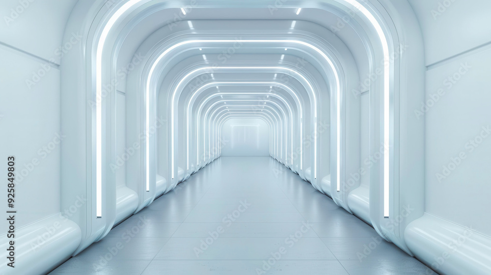 A futuristic hall with bright, white lighting and smooth walls, offering a clean and modern aesthetic for various creative projects. A futuristic hall with bright, white lighting and smooth walls, offering a clean and modern aesthetic for various creative projects.