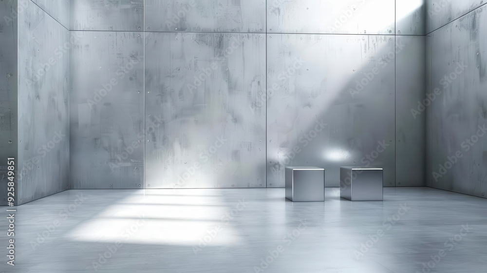 A minimalist interior with concrete walls and two cubes illuminated by soft light, perfect for modern design concepts. A minimalist interior with concrete walls and two cubes illuminated by soft light, perfect for modern design concepts.