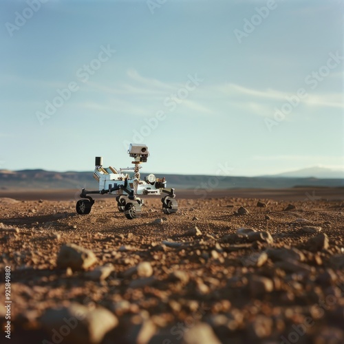 A solitary rover journeying across a vast, rocky terrain beneath a soft, blue sky, symbolizing exploration and the unknown.