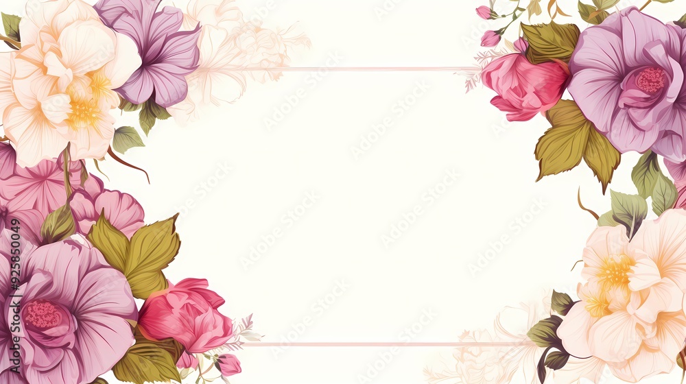 Naklejka premium Elegant floral frame with vibrant flowers and leaves on a white background