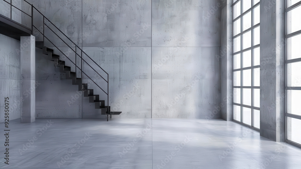 A modern, empty interior featuring a concrete wall and staircase, ideal for displaying minimalist architecture designs. A modern, empty interior featuring a concrete wall and staircase, ideal for displaying minimalist architecture designs.