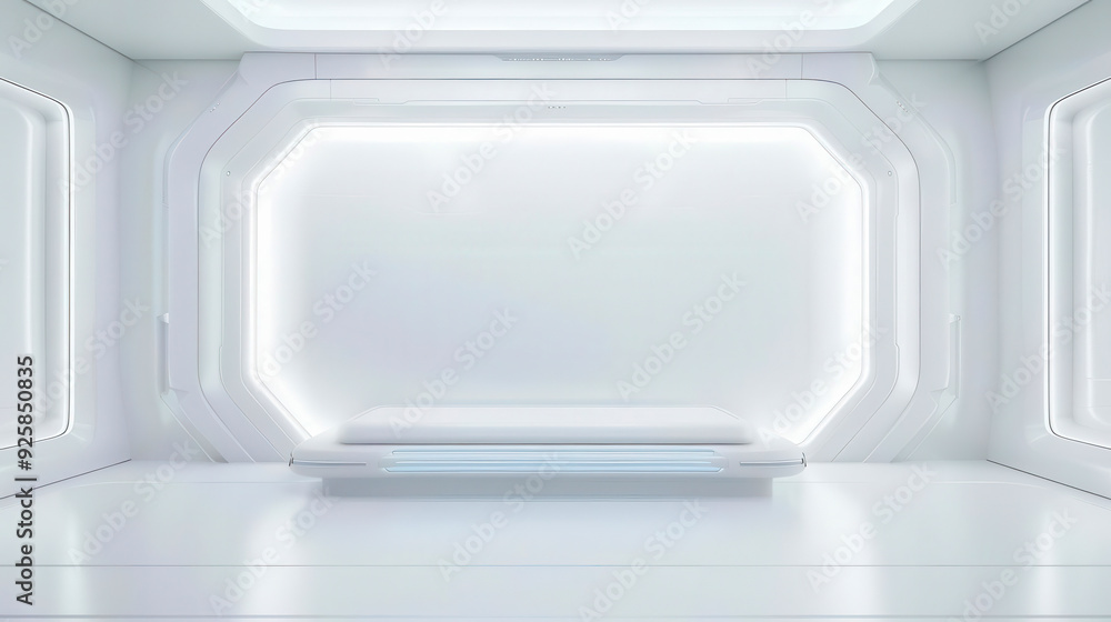 Futuristic, minimalist room with bright white walls and adjustable lighting, perfect for showcasing modern art or technology. Futuristic, minimalist room with bright white walls and adjustable lighting, perfect for showcasing modern art or technology.