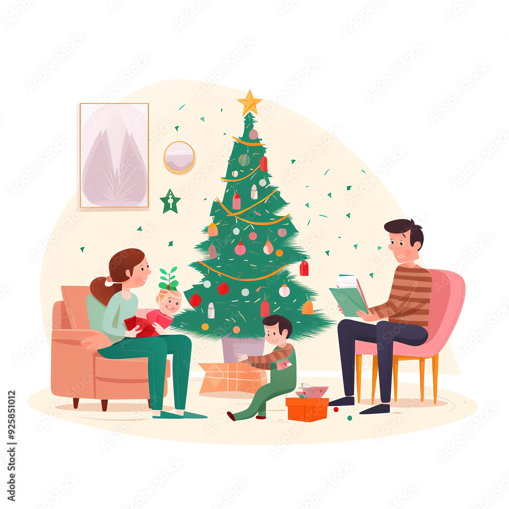 Illustration of a family celebrating Christmas together by the decorated tree, reading and opening presents.