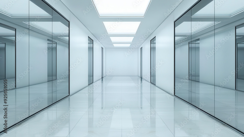 Modern hallway with glass walls and bright ceiling lights, conveying a clean and spacious atmosphere for professional settings. Modern hallway with glass walls and bright ceiling lights, conveying a clean and spacious atmosphere for professional settings.