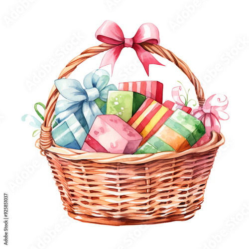 Colorful gift basket with wrapped presents, ribbon bows, and decorative elements, perfect for festive celebrations and gift-giving occasions.