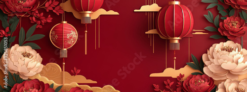 Peony flowers background with auspicious clouds. Chinese mid autumn or Chinese new year festival	
 photo