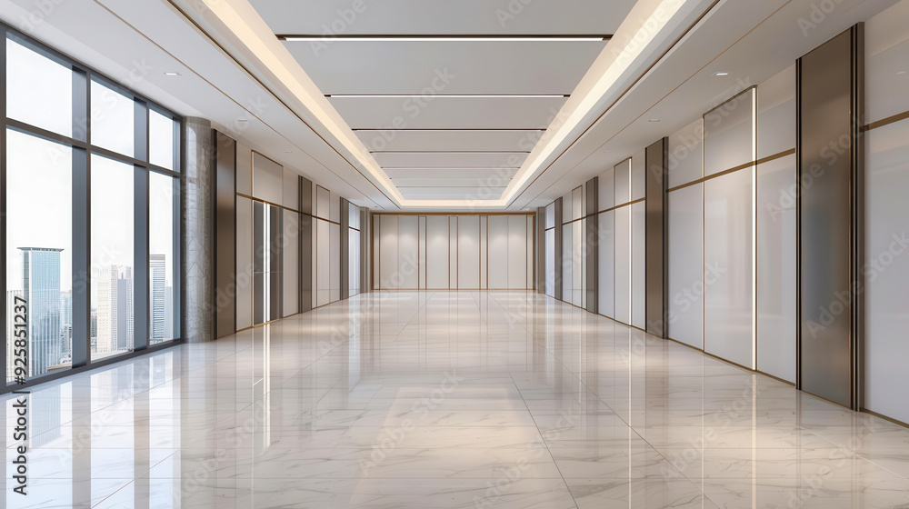 Spacious modern hallway with sleek marble flooring and large windows, ideal for architectural and interior design projects. Spacious modern hallway with sleek marble flooring and large windows, ideal for architectural and interior design projects.