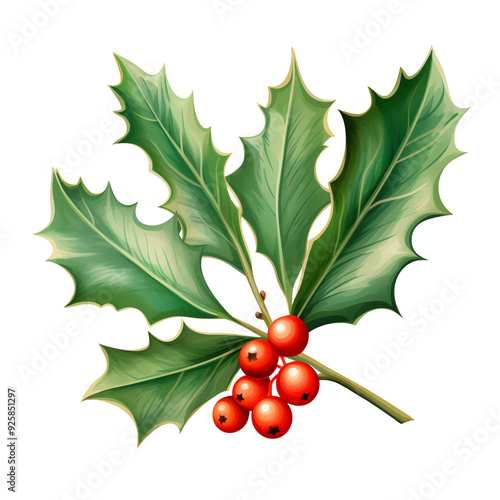 Festive holly leaves and red berries, a classic symbol of the holiday season, perfect for Christmas-themed designs and decorations. photo