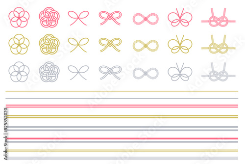 カラフルな水引のイラストセット　梅結び　蝶結び　叶結び　あわじ結　あしらい　装飾