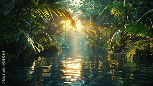 A tranquil river flowing through a dense forest, with sunlight filtering through the canopy and reflecting off the water.