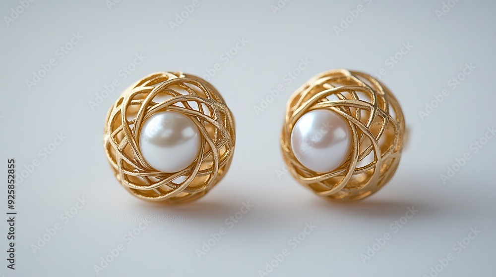 Elegant gold earrings featuring woven design with round pearls Elegant gold earrings featuring woven design with round pearls